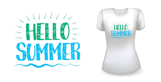 Vektor weißes weibliches realistisches t-shirt mit etikett hallo sommer-abzeichenvektor