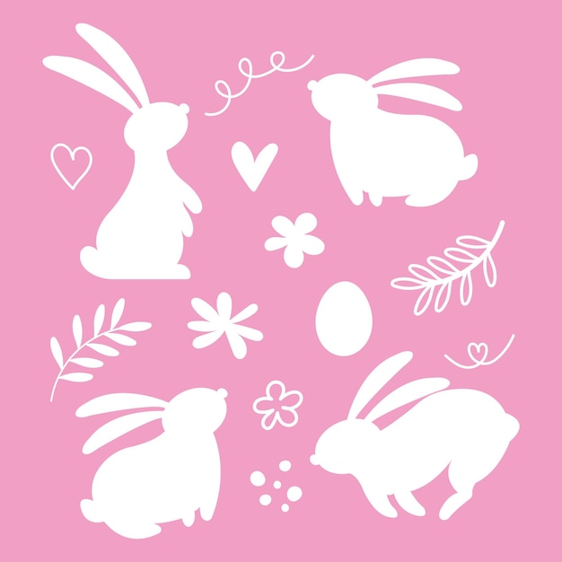 Weißes Weihnachts-Satz mit Silhouetten von Kaninchen, Eier, Blumen und Herzen