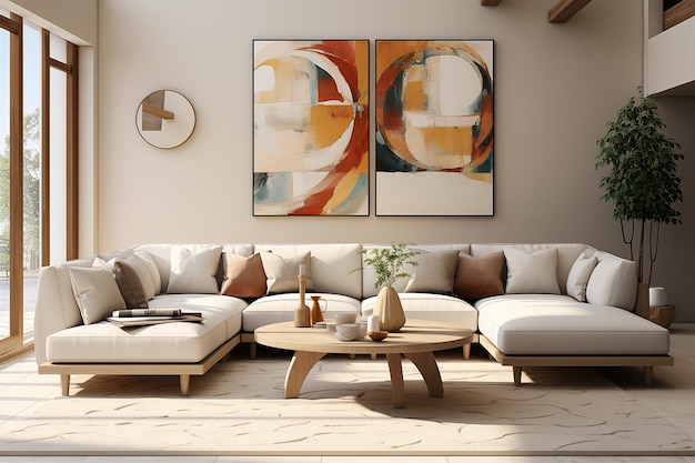 Weißes wohnzimmer mit sofa skandinavisches innenarchitektur 3d-illustration