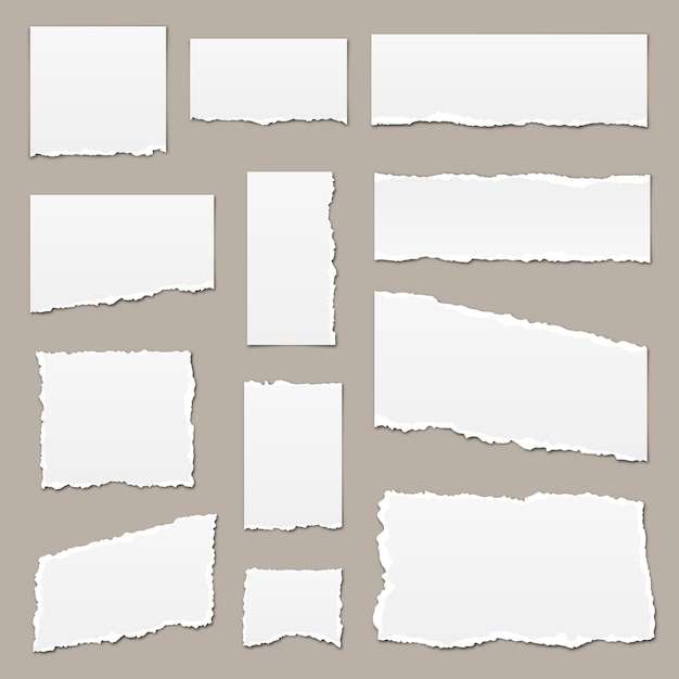 Vektor weißes zerrissenes papier. zerrissene papierfetzen. papierstücke isoliert. zerrissene papierstreifen