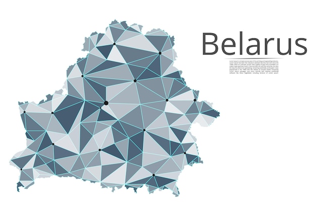 Weißrussische Kommunikationsnetzkarte Vektor-Low-Poly-Bild einer Weltkarte mit Lichtern in Form von Städten