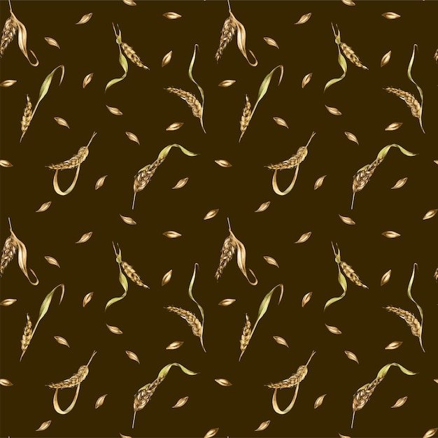 Weizenohr Gerste Aquarell nahtloses Muster auf schwarzem Hintergrund Spikelet von Roggenmalz Stiel von Hand gezeichnet Designelement für Textil Verpackung Verpackung Etikett Lebensmittel Bäckerei Papier