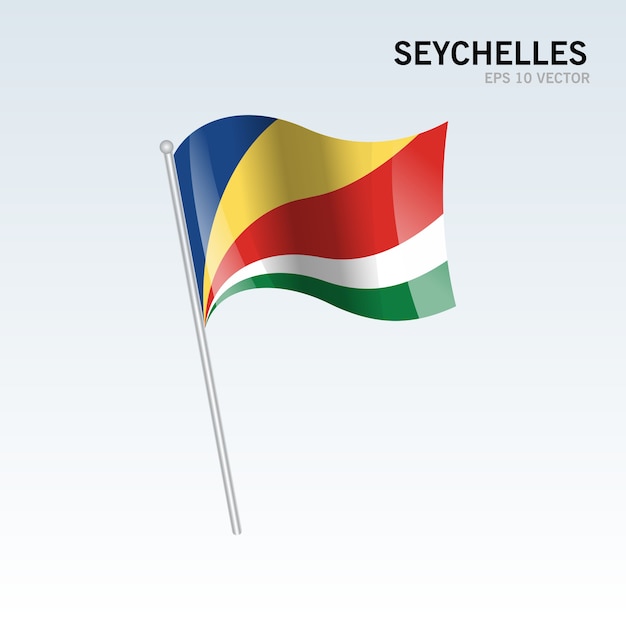 Wellenartig bewegende Flagge Seychellen lokalisiert auf grauem Hintergrund