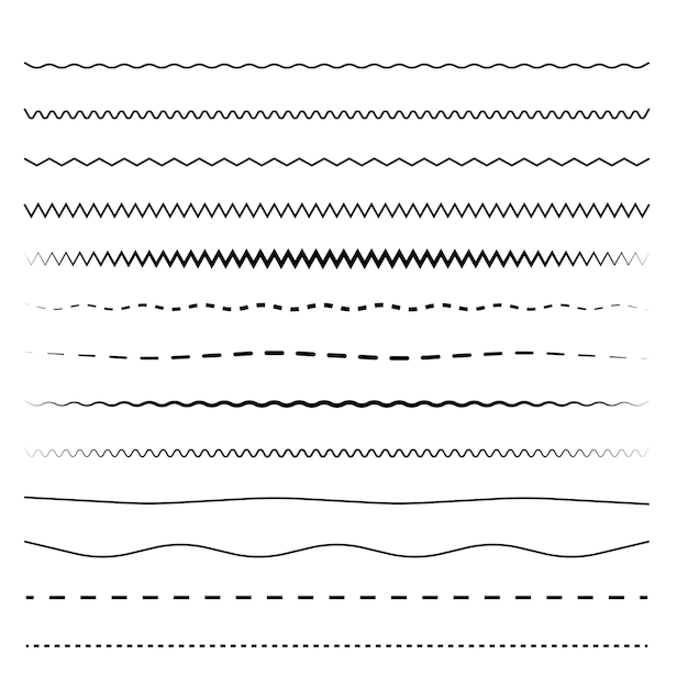 Wellenförmige Linien, verschiedene Zickzackmuster, schwarze einfache Striche, nahtlose horizontale Linien