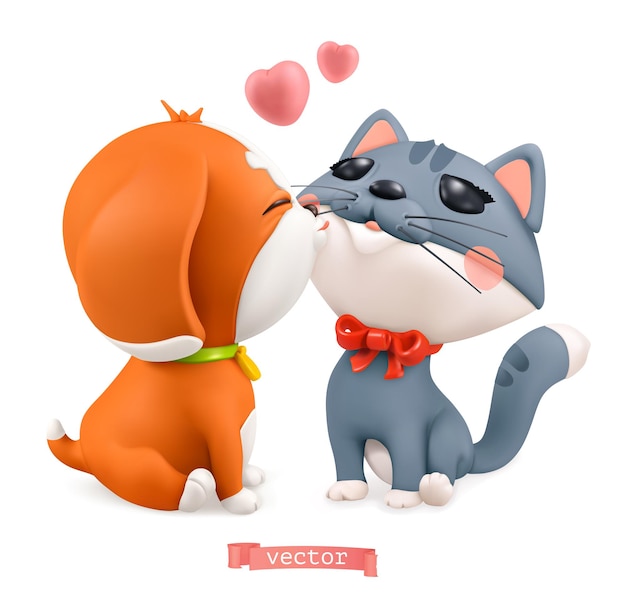 Welpe und kätzchen. valentinstag 3d illustration