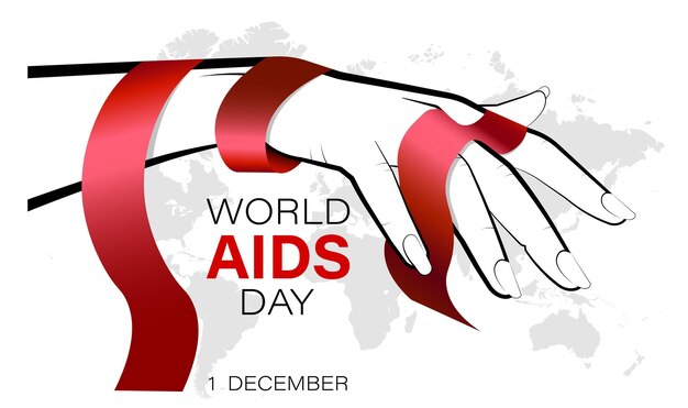 Welt-aids-tag 1. dezember rotes band an weiblicher hand vor dem hintergrund der kontinente der erde plakat für vektor zum welt-aids-tag