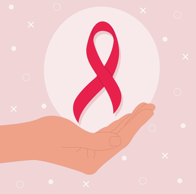 Welt-AIDS-Tag Hand mit rotem AIDS-Aufklärungsband Flache Vektorillustration