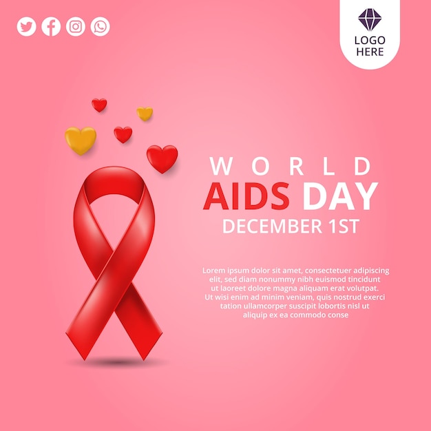 Welt-aids-tag-social-media-post-vorlage mit rotem band und herzen für den tag der aids-aufklärung.
