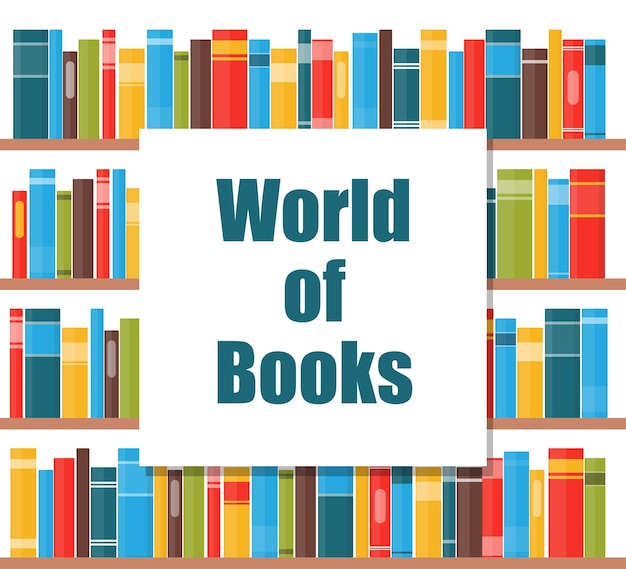 Welt der Bücher Konzept Bücherregale mit mehrfarbigen Buchrücken Bücher auf einem Regal Vektor-Illustration im flachen Stil