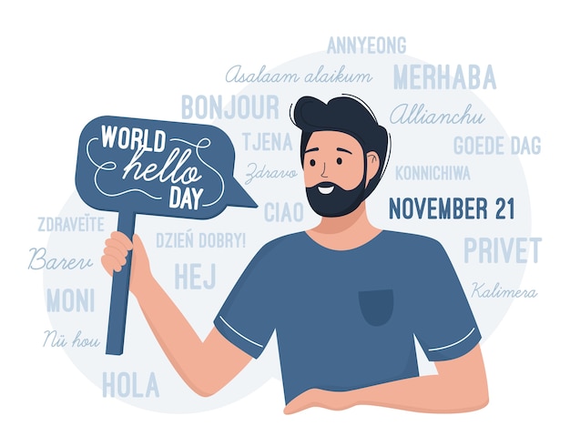 Welt hallo tag 21. november. ein mann gratuliert zum internationalen tag der grüße