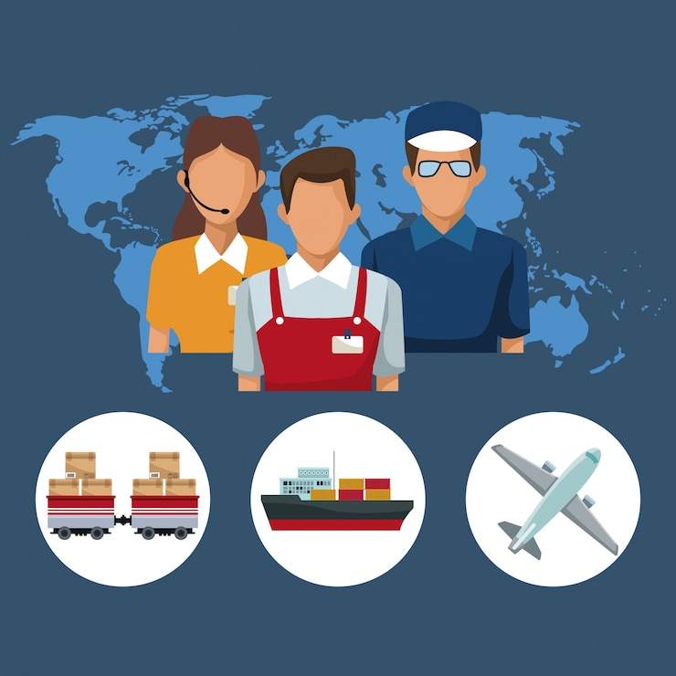 Vektor welt kartenhintergrund mit ikonenleute logistik und fahrzeuge