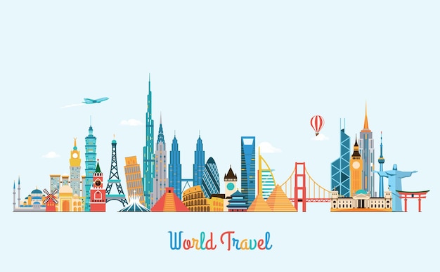 Welt-skyline. reise- und tourismushintergrund. flache vektorgrafik