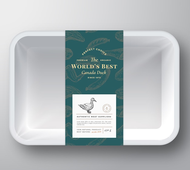 Weltbestes Geflügel Abstract Vector Plastic Tray Container Cover Premium Fleischverpackungsdesign Etikettenlayout Handgezeichnete Entensteakwurst Flügel und Beine skizzieren Musterhintergrund