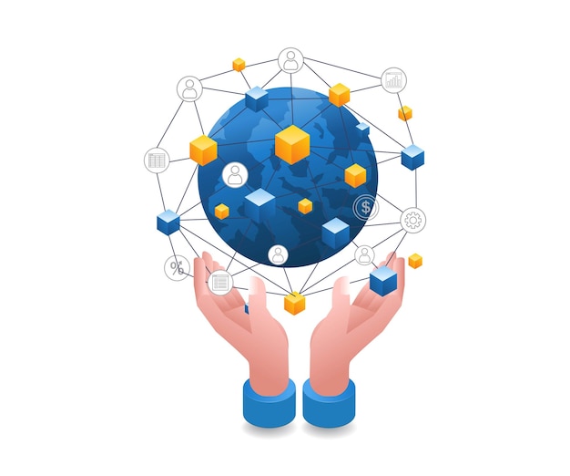 Weltgeschäftsnetzwerk in den Händen von Infografiken flache isometrische 3D-Illustration