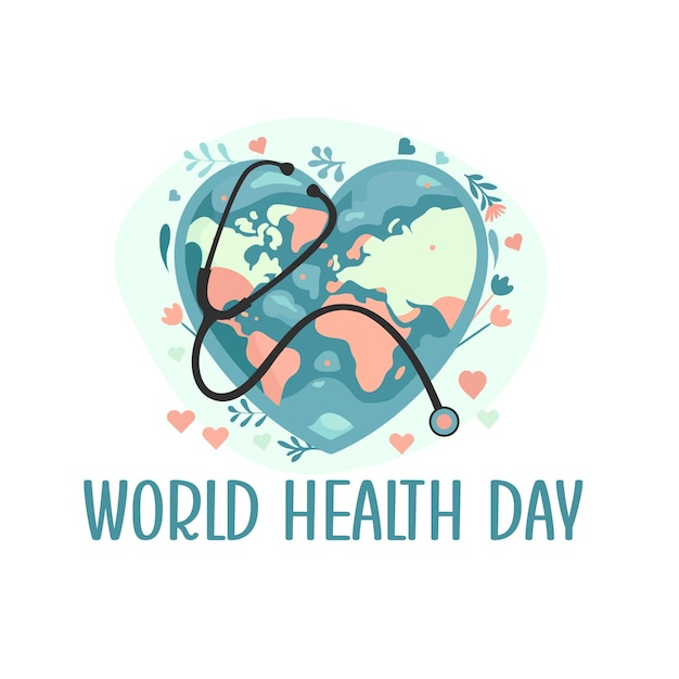Weltgesundheitstag mit handgezeichnetem stethoskop und erde im hintergrund
