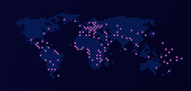Vektor weltkarte auf dunklem hintergrund mit punktlichtern