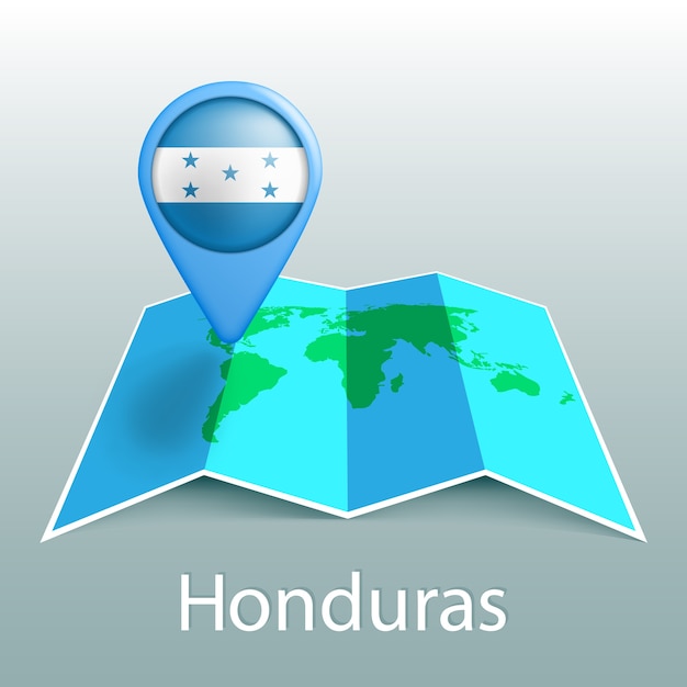 Weltkarte der flagge von honduras im stift mit dem namen des landes auf grauem hintergrund