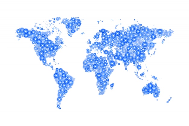 Weltkarte gebildet von den verschiedenen größen der modernen blauen kreise mit dem hellen glühen auf weiß