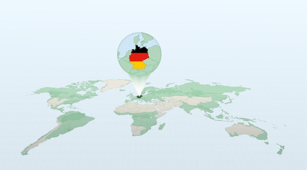 Weltkarte in perspektive, die den standort des landes deutschland mit detaillierter karte mit flagge von deutschland zeigt