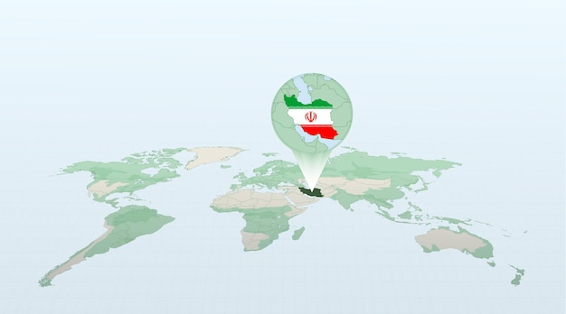 Weltkarte in perspektive, die den standort des landes iran mit detaillierter karte mit flagge des iran zeigt