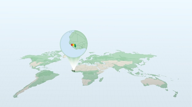 Weltkarte in perspektive, die die lage des landes guinea mit detaillierter karte mit flagge von guinea zeigt