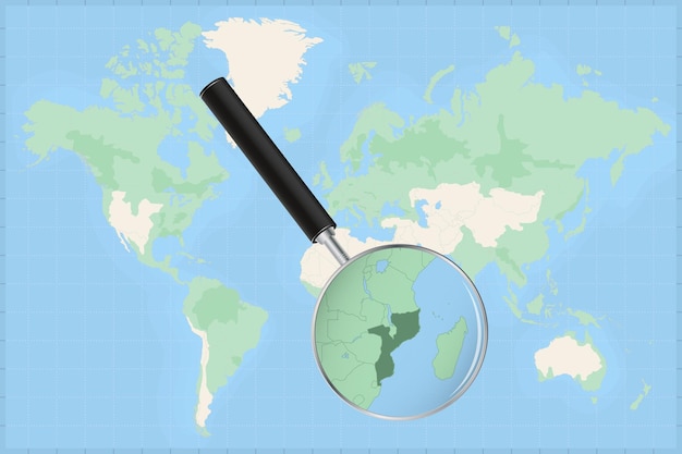 Weltkarte mit einer lupe auf einer karte von mosambik.