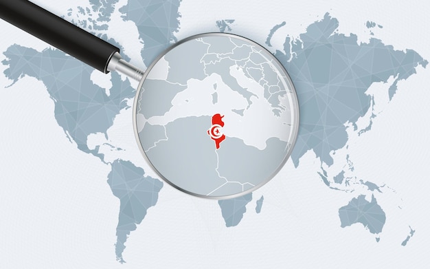 Weltkarte mit einer lupe, die auf tunesien zeigt karte von tunesien mit der flagge in der schleife