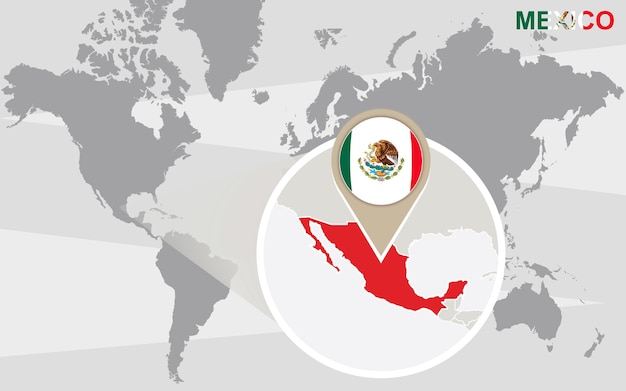 Weltkarte mit vergrößertem mexiko. mexiko-flagge und karte.