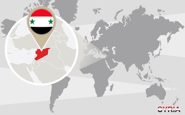 Weltkarte mit vergrößertem syrien. syrien-flagge und karte.