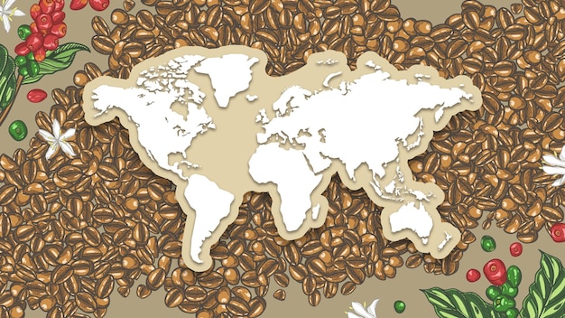 Weltkarte papierschnitt auf handgezeichneten kaffeehaufen