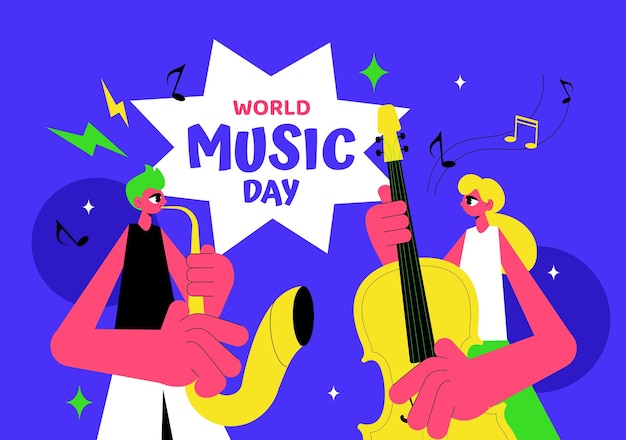 Weltmusiktag-Vektorillustration am 21. Juni mit verschiedenen Musikinstrumenten und Noten