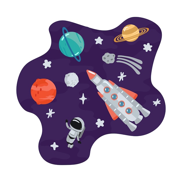 Weltraum-kinderposter mit raketenplaneten kosmonaut im cartoon-stil niedliches konzept für kinder drucken illustration für design kinderzimmer postkarte textilien vektor