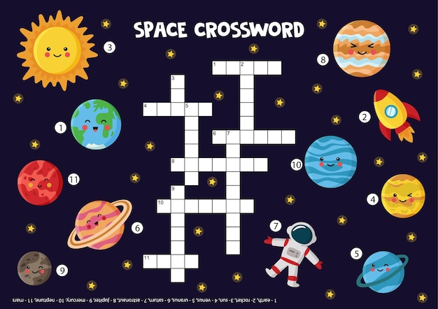 Weltraum-kreuzworträtsel für kinder. nette lächelnde planeten des sonnensystems. lernspiel für kinder.
