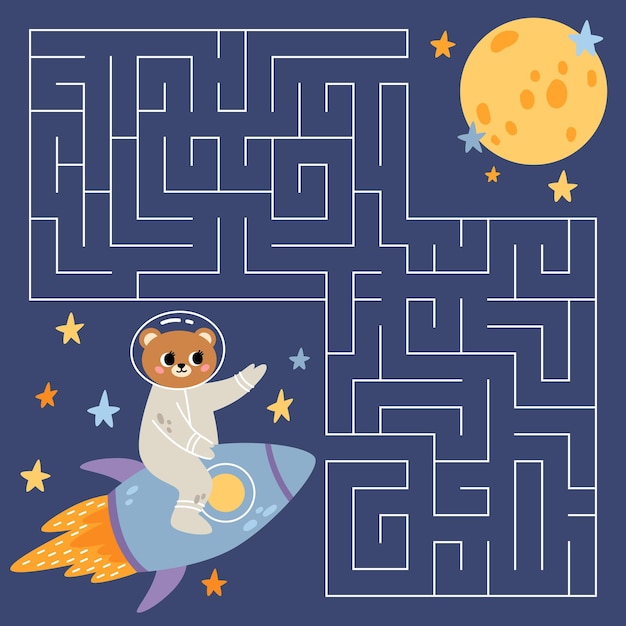 Vektor weltraumlabyrinthspiel für kinder schatzbär auf einer rakete sucht nach einem weg zum planeten druckbares arbeitsblatt