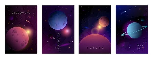 Weltraumplakate futuristische astronomie-sternenhintergründe mit galaxienplaneten und asteroiden kosmischer nebel und kometen universumsentdeckung science-fiction-cover-sammlung vektorgalaktische banner gesetzt