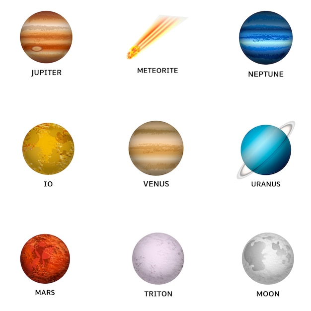 Weltraumplaneten-Icon-Set. Realistischer Satz Raumplanetenikonen