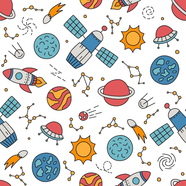 Weltraumplaneten Sterne und Raketen Handgezeichnetes nahtloses Muster im Doodle-Stil Kosmos Bakground Vektor