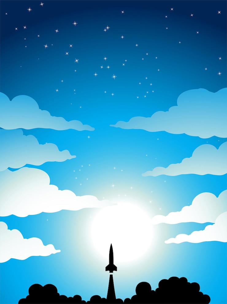 Vektor weltraumposter mit der silhouette eines raketenstarts über einem blauen sternenhimmel