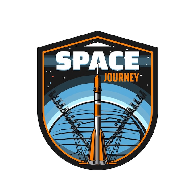 Weltraumreise-symbol mit raketenschiff auf dem kosmodrom