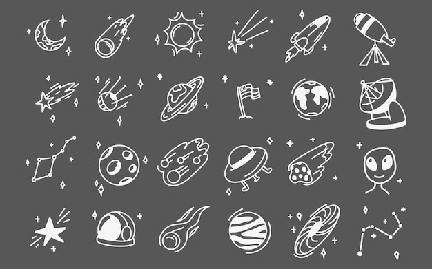Weltraumvektor-Set mit handgezeichneten Planeten, Sternen und Galaxien Illustrationen Ideal für Postkarten-Aufkleber