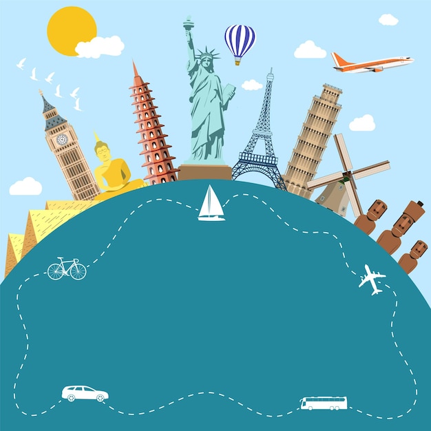 Weltreise. Sommerferien planen. Sommerferien. Thema Tourismus und Urlaub. Postkarte mit berühmten Wahrzeichen der Welt. Flaches Design-Vektor-Illustration. Reise- und Urlaubskonzept