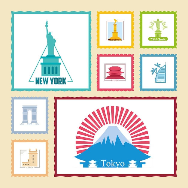 Weltstadt briefmarken symbol bündel design, reisetourismus und tour thema illustration