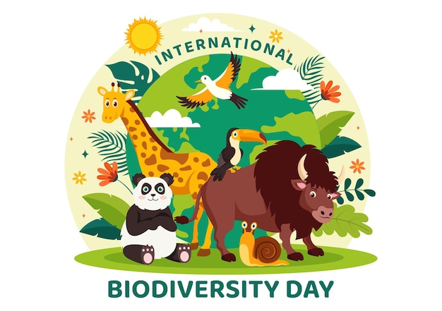 Welttag der biologischen Vielfalt Vektor-Illustration mit biologischer Vielfalt und verschiedenen Tieren in der Natur