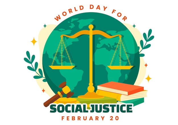 Welttag der sozialen gerechtigkeit vektor-illustration am 20. februar mit waage oder hammer für eine gerechte beziehung und ungerechtigkeit schutz im hintergrund