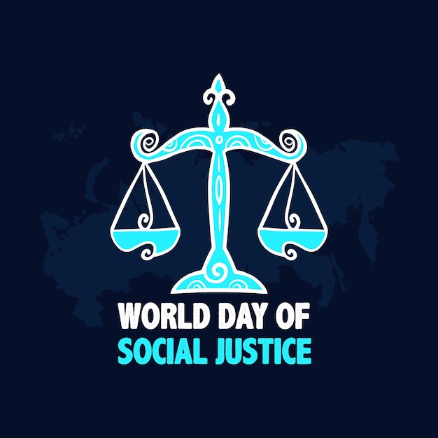 Welttag der sozialen gerechtigkeit, vektorgrafik mit waage der gerechtigkeitshand auf blauem farbhintergrund