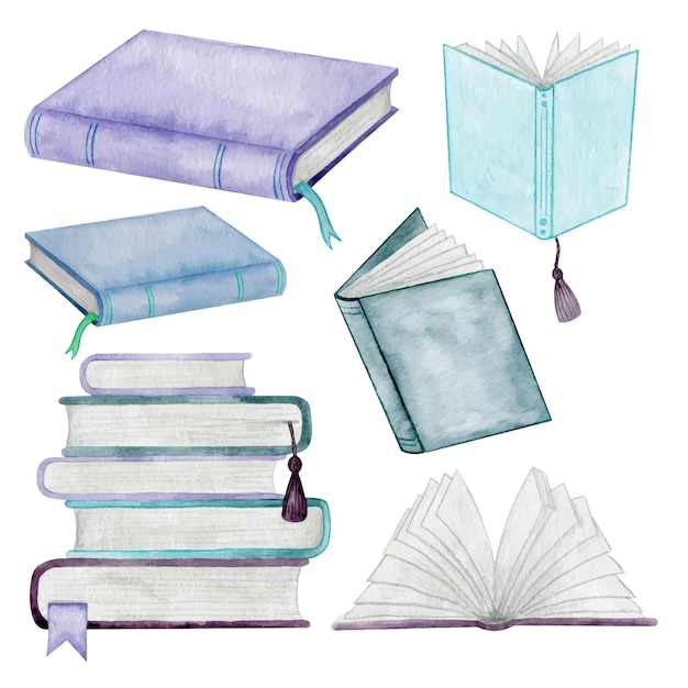 Welttag des Buches handgezeichnetes Aquarell-Clipart-Set Sammlung von Bibliotheksbüchern