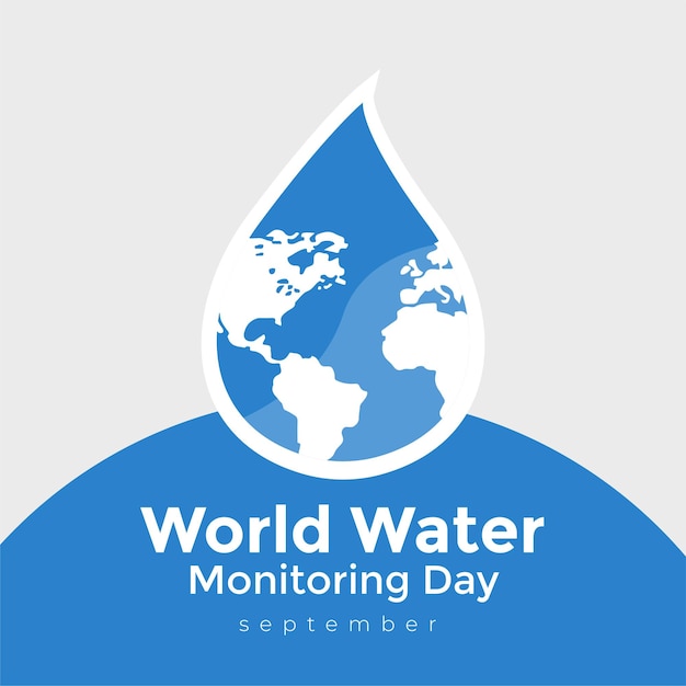 Vektor weltwasser-monitoring-tag mit weltkarte in wassertropfen-vektorillustration