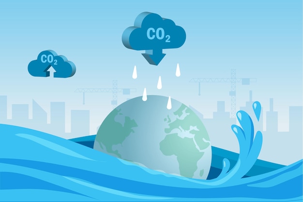 Weltweite überschwemmungen und ertrinken durch starken regen auf einer co2-verschmutzungswolke. die globale erwärmung, der klimawandel und die umweltverschmutzung durch kohlenstoffemissionen bewirkten eine naturkatastrophe für die welt