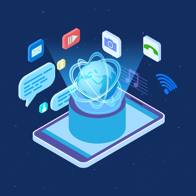Weltweites isometrisches Konzept des Vektors des sozialen Netzwerks. Illustration globaler Anwendungen für soziale Netzwerke