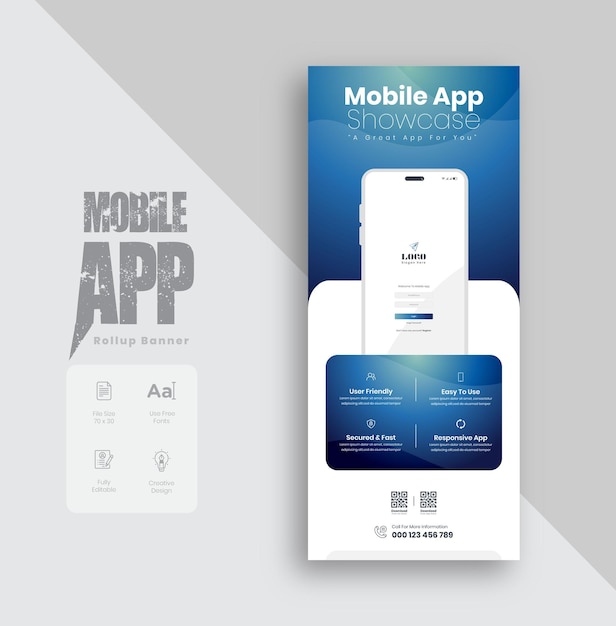 Werbe-Rollup-Banner-Design für mobile Apps, Rollup-Banner-Design für Unternehmen